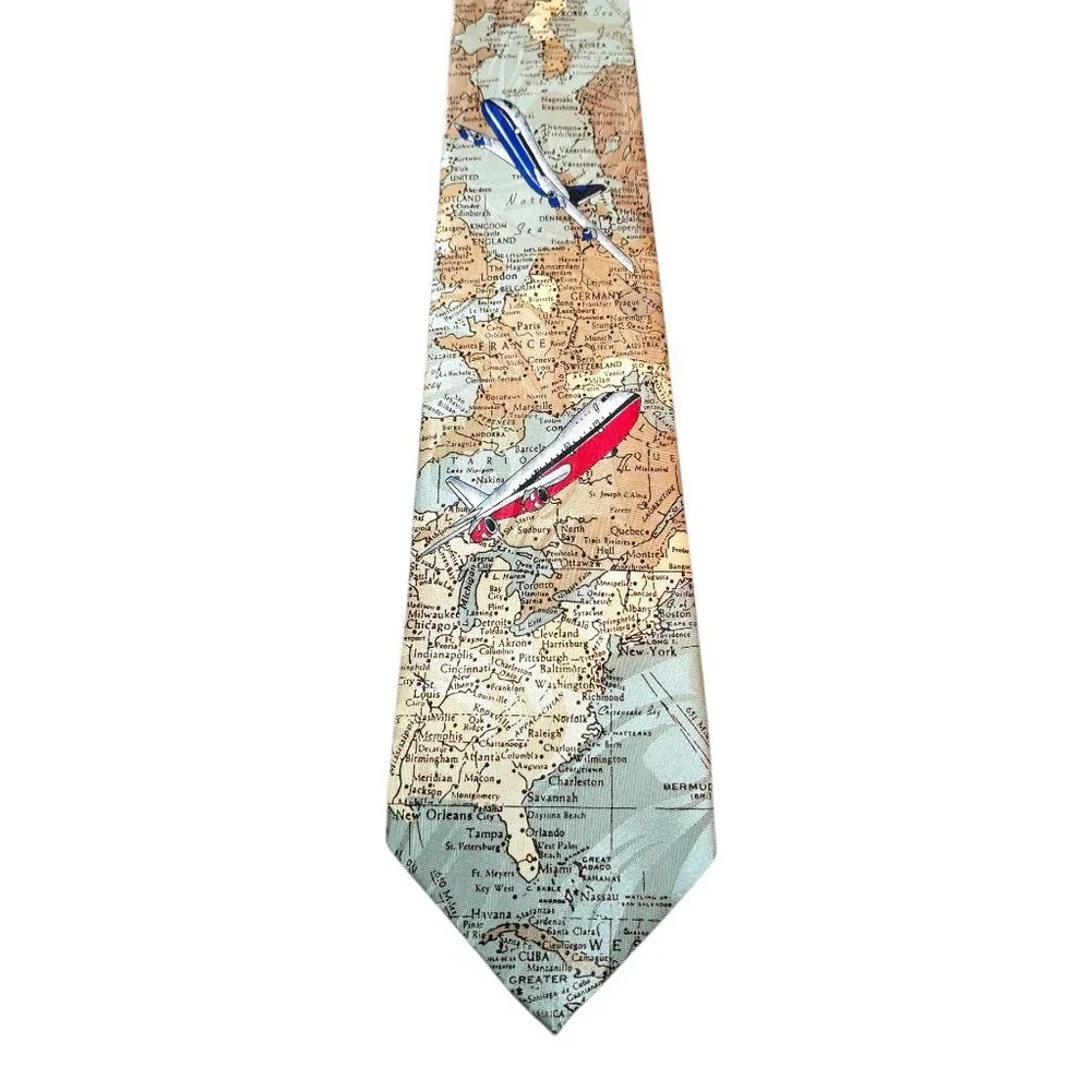 Vintage Airplane Map Tie Aviation Travel Novelty Necktie Pilot Flight Mens Tie